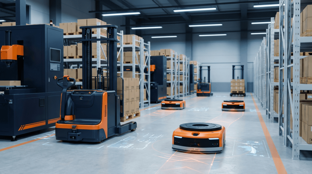 Smart factory floor with autonomous orange robots and robotic forklift in organized aisles.