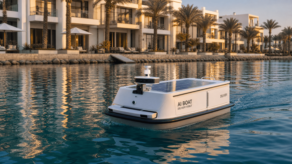 AI Boat Delivery Robot on resort waterfront