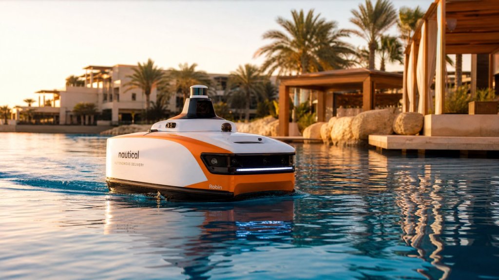 AI Boat Delivery Robot at waterfront resort for autonomous water delivery