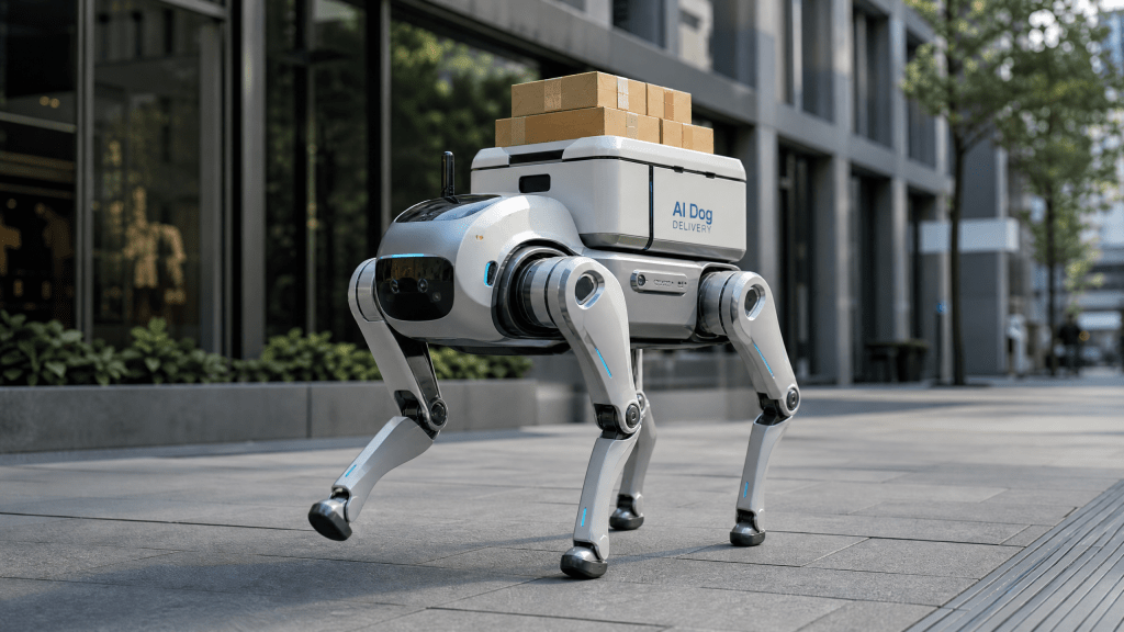 AI Dog Delivery Robot navigating urban environment