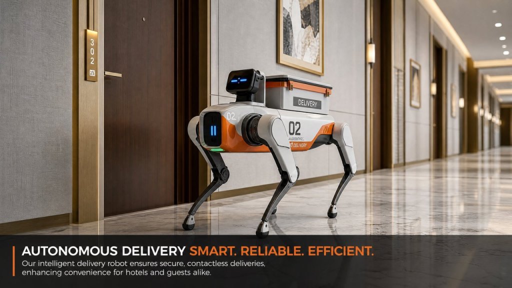 AI Dog Delivery Robot navigating hotel corridor for last-mile delivery