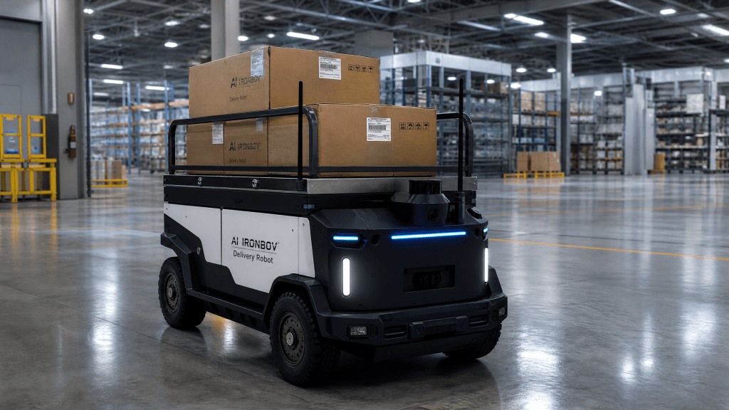 AI IronBov Delivery Robot in industrial warehouse
