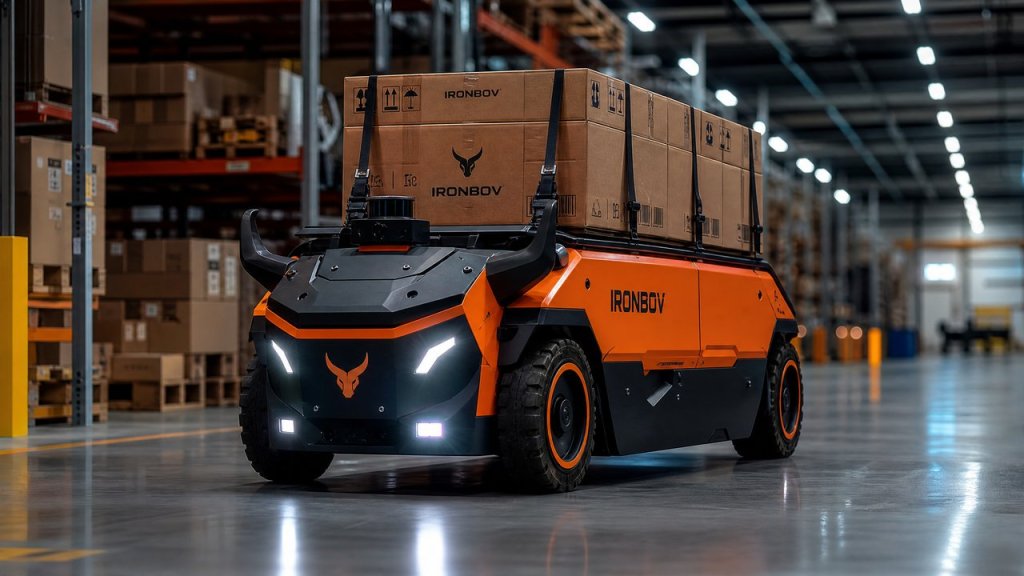 AI IronBov Delivery Robot transporting cargo in industrial warehouse