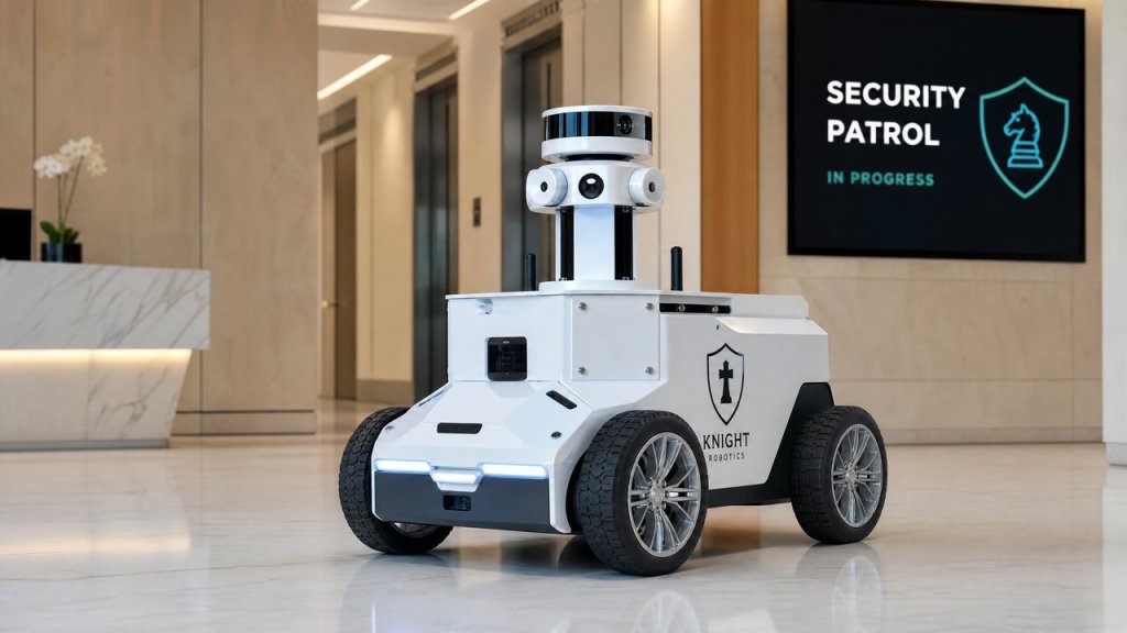 AI Knight Robot Chassis performing security patrol in modern office lobby